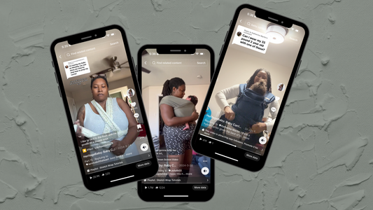 An image of 3 iphones with the screen open to social media posts about babywearing 